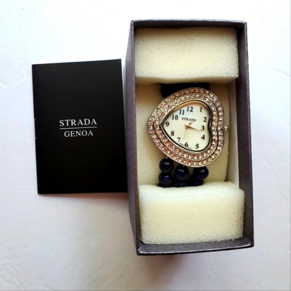 Strada Genoa Watch with‎ Rhinestones Blue Beaded Stretchy Bracelet Jewelry NWT